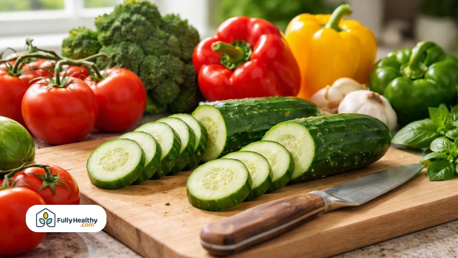 Fresh sliced cucumbers with tomatoes peppers broccoli on kitchen cutting board