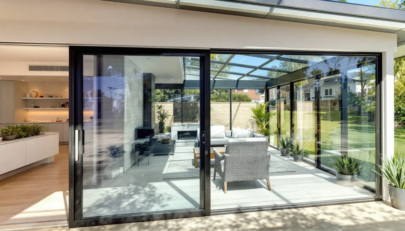 Une vue extérieure d'un solarium moderne quatre saisons, attaché à une maison résidentielle, mettant en valeur sa structure en verre et en aluminium, avec des portes oscillo-battantes et une toiture élégante. Ce solarium 4 saisons offre un espace lumineux et confortable, idéal pour profiter de la vie en toute saison.
