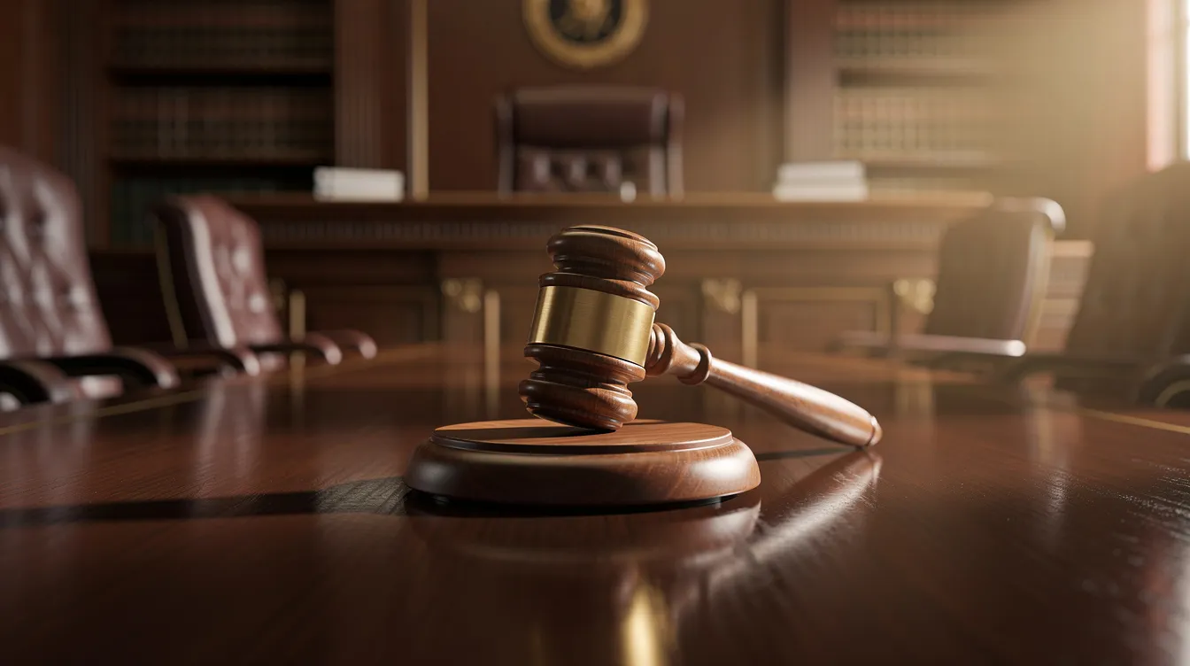 The image depicts a wooden gavel resting on a judge's bench in a courtroom, symbolizing the authority of the court in matters such as gun laws and state law. The setting conveys a serious atmosphere, reflecting the importance of legal proceedings in regulating issues like firearm purchases and public safety.