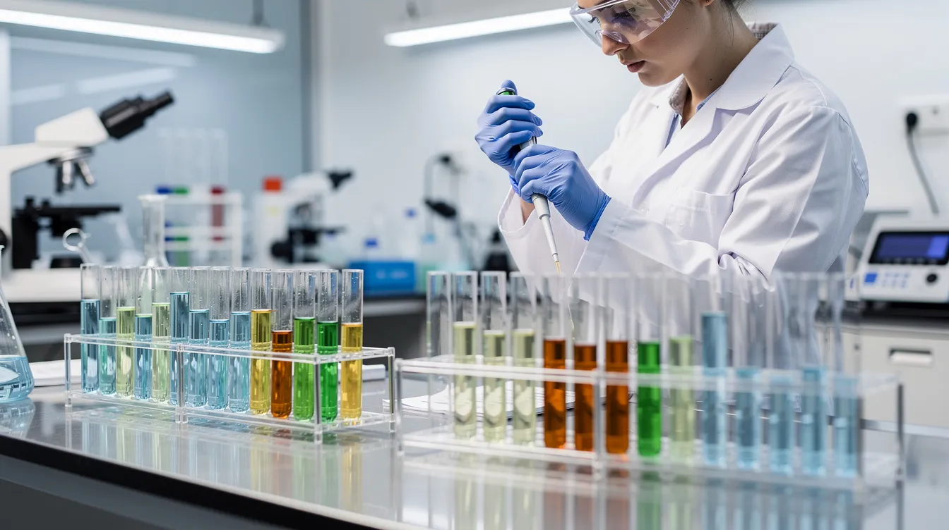 The image depicts a scientific researcher in a laboratory, surrounded by glass test tubes and various laboratory equipment, as they analyze samples related to DNA methylation and epigenetic clocks. This setting highlights the importance of epigenetic age and biological aging in understanding age-related health risks and the aging process.