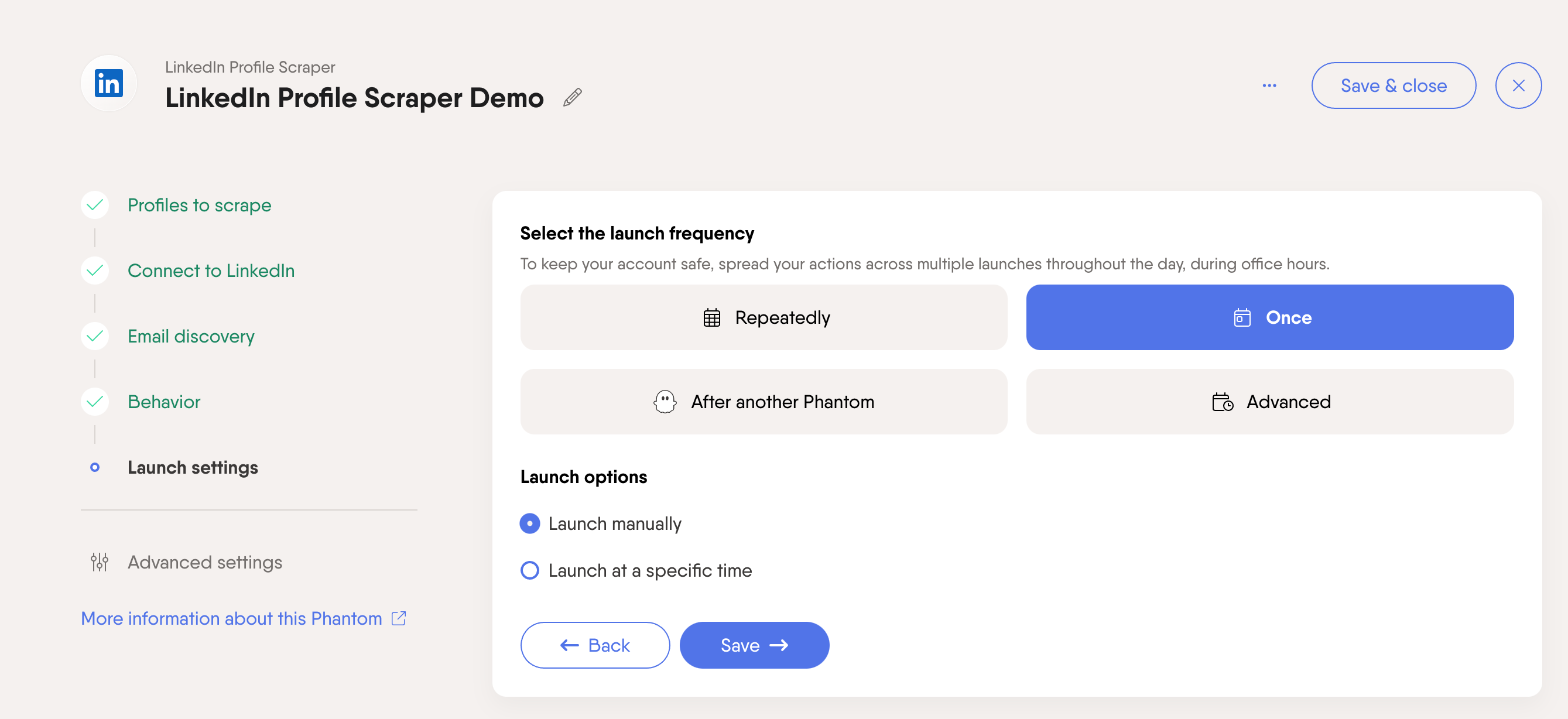 Scheduling features in PhantomBuster
