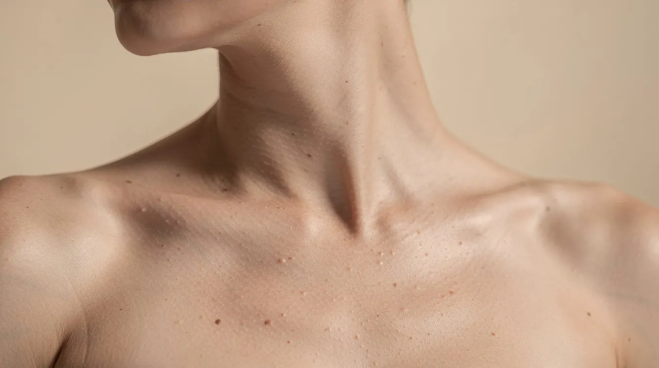 The image showcases a woman's neck and décolleté area illuminated by natural light, highlighting the skin texture and quality. This area may benefit from treatments like Sculptra or Radiesse, which stimulate the body's natural collagen production for improved skin quality and restored volume.