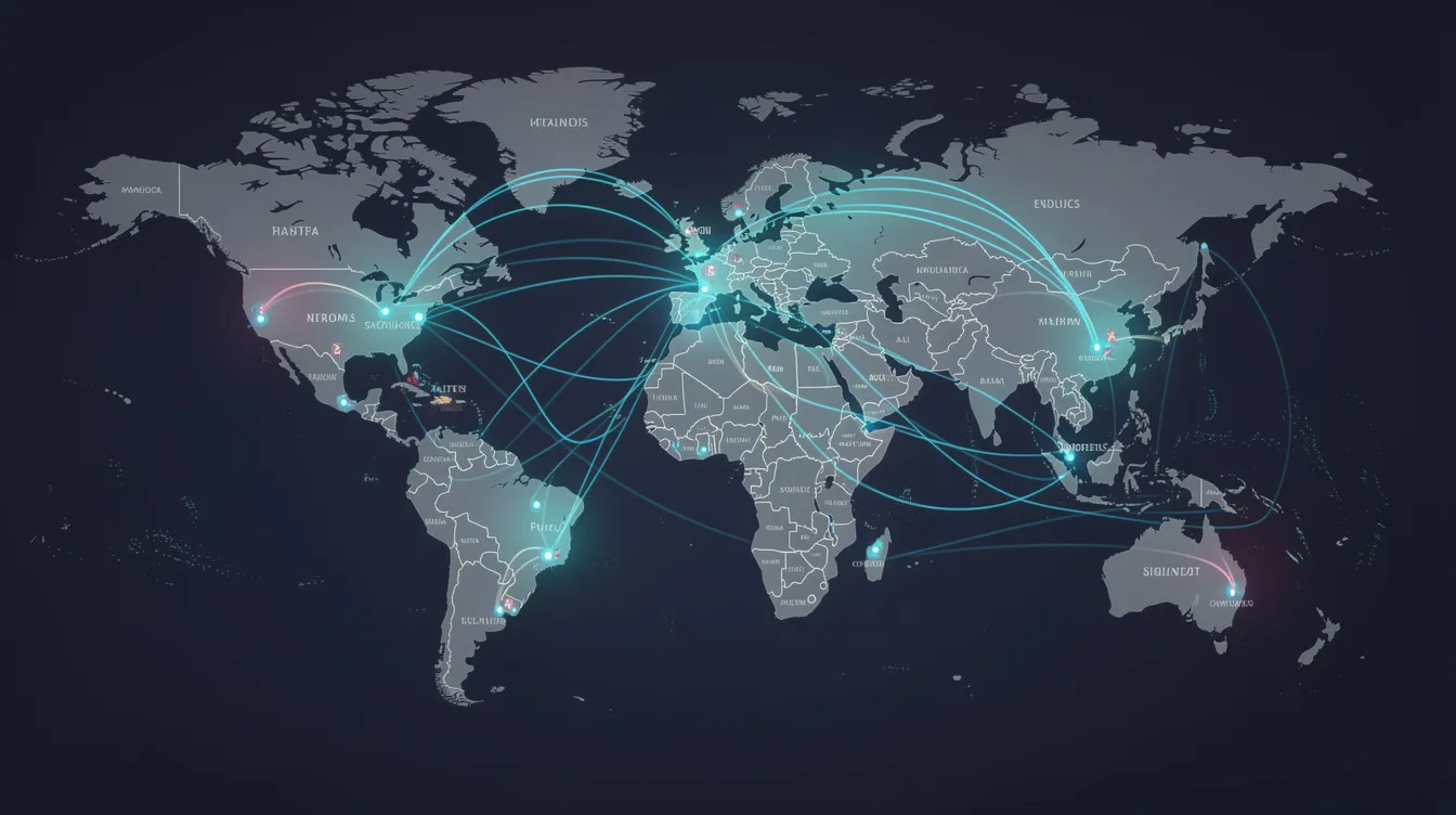 The image depicts a world map illuminated by glowing lines connecting various cities, symbolizing international money transfer routes facilitated by banks. This visualization emphasizes the global reach of transactions, including those from the Surat People's Cooperative Bank and IDBI Bank in India.