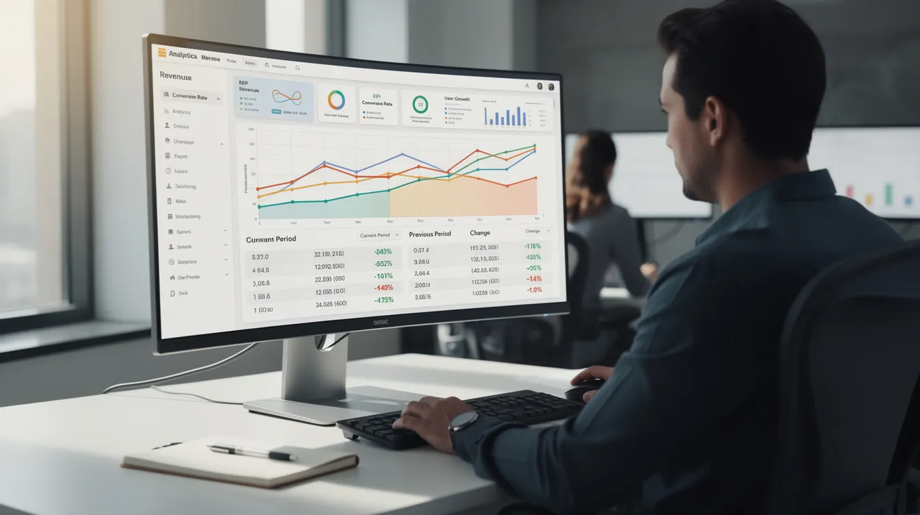 A data analyst is focused on reviewing various charts and metrics displayed on a dashboard, which includes comparison tables that highlight performance data. This setting emphasizes the importance of accurate and relevant outputs in data analysis, essential for crafting effective prompts in AI workflows.