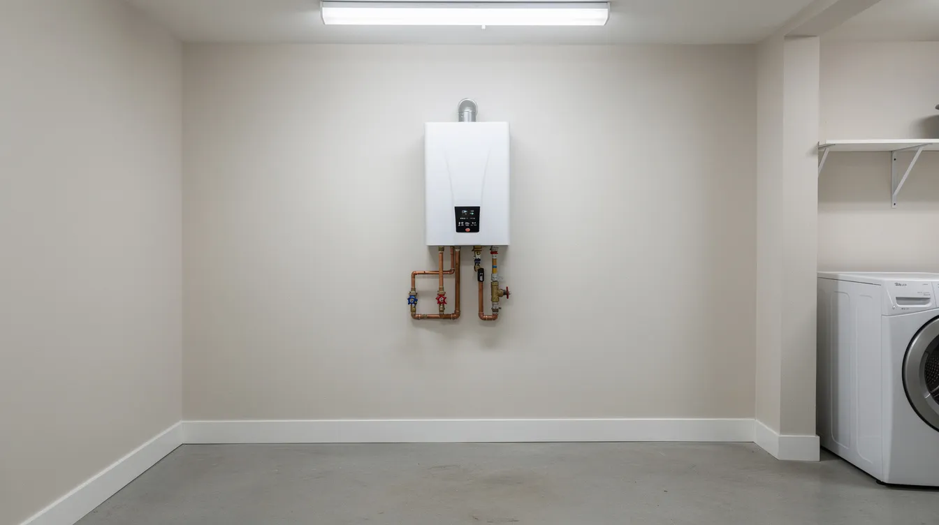 The image shows a newly installed tankless water heater mounted on the wall of a clean residential utility room, highlighting modern plumbing installations. This efficient unit is part of a home's plumbing system, ensuring reliable hot water for various residential plumbing needs.