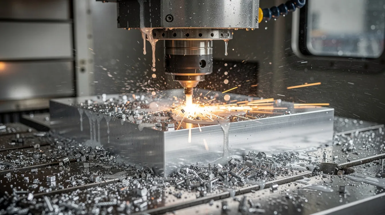 The image depicts a CNC milling machine actively cutting an aluminum block, with coolant spray visible to manage heat and metal chips scattered across the machine bed. This scene illustrates the CNC machining process, showcasing the precision and efficiency of modern CNC technology in manufacturing high-quality metal parts.
