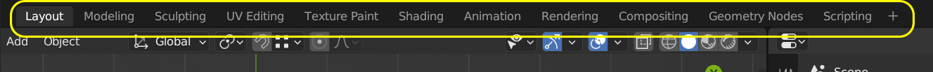 A screenshot showing the workspaces panel inside Blender