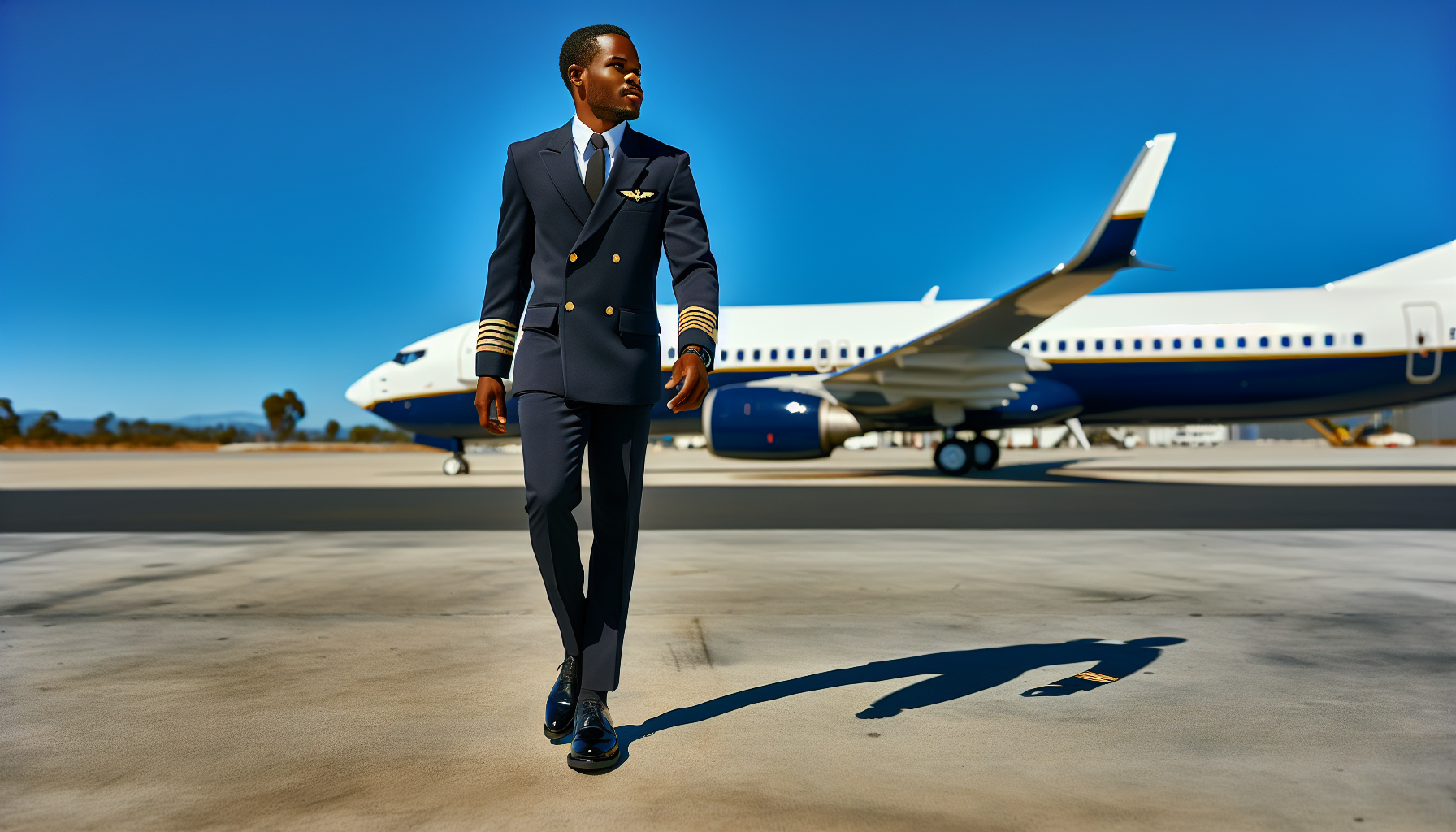 Commercial pilot in uniform walking towards an airplane