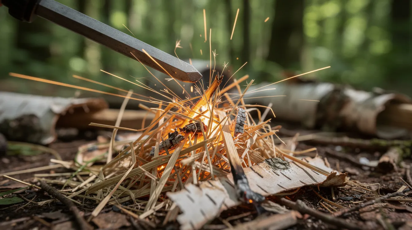 A close-up image shows a ferro rod striking sparks onto dry tinder, surrounded by a lush forest setting. This scene captures the essence of fire starting in the great outdoors, highlighting the importance of effective fire starters for camping and wilderness survival.