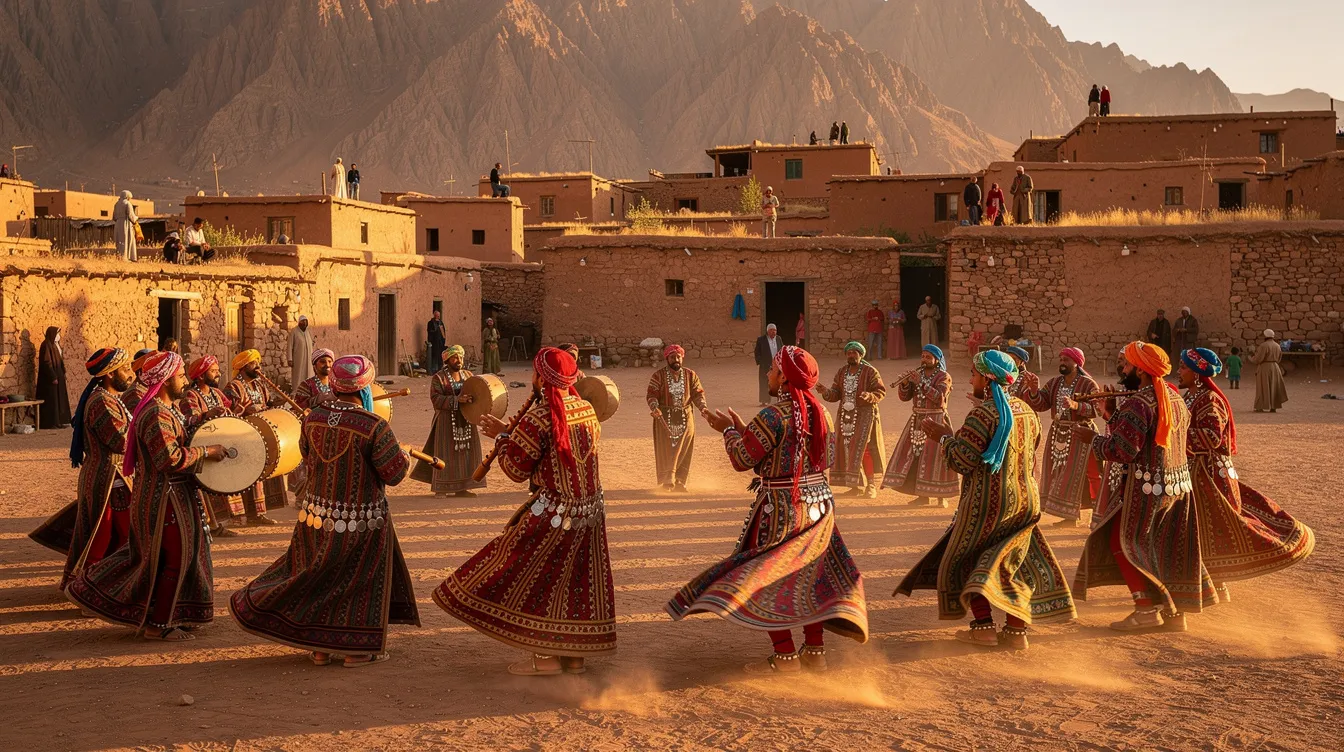 In a picturesque mountain village, Berber musicians and dancers form a lively circle, showcasing the vibrant essence of traditional Moroccan music. The scene captures the rhythmic beats of drums and the hypnotic melodies of flutes, embodying the rich cultural heritage of folk music in Morocco.