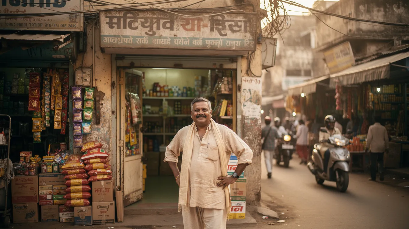 7684f467 b61b 4295 935f 27f1946a5918 A small shop owner stands proudly outside a modest retail store in an Indian market, showcasing their successful micro enterprise. This entrepreneur has successfully repaid previous loans, highlighting their satisfactory credit track record and eligibility for further financial assistance from various financial institutions.