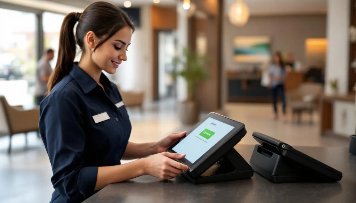 A hotel staff member is seen processing a secure payment transaction using a modern point of sale (POS) terminal, efficiently handling various payment methods such as credit and debit cards. This scene highlights the importance of hotel payment processing in enhancing guest satisfaction and streamlining the payment process at the front desk.
