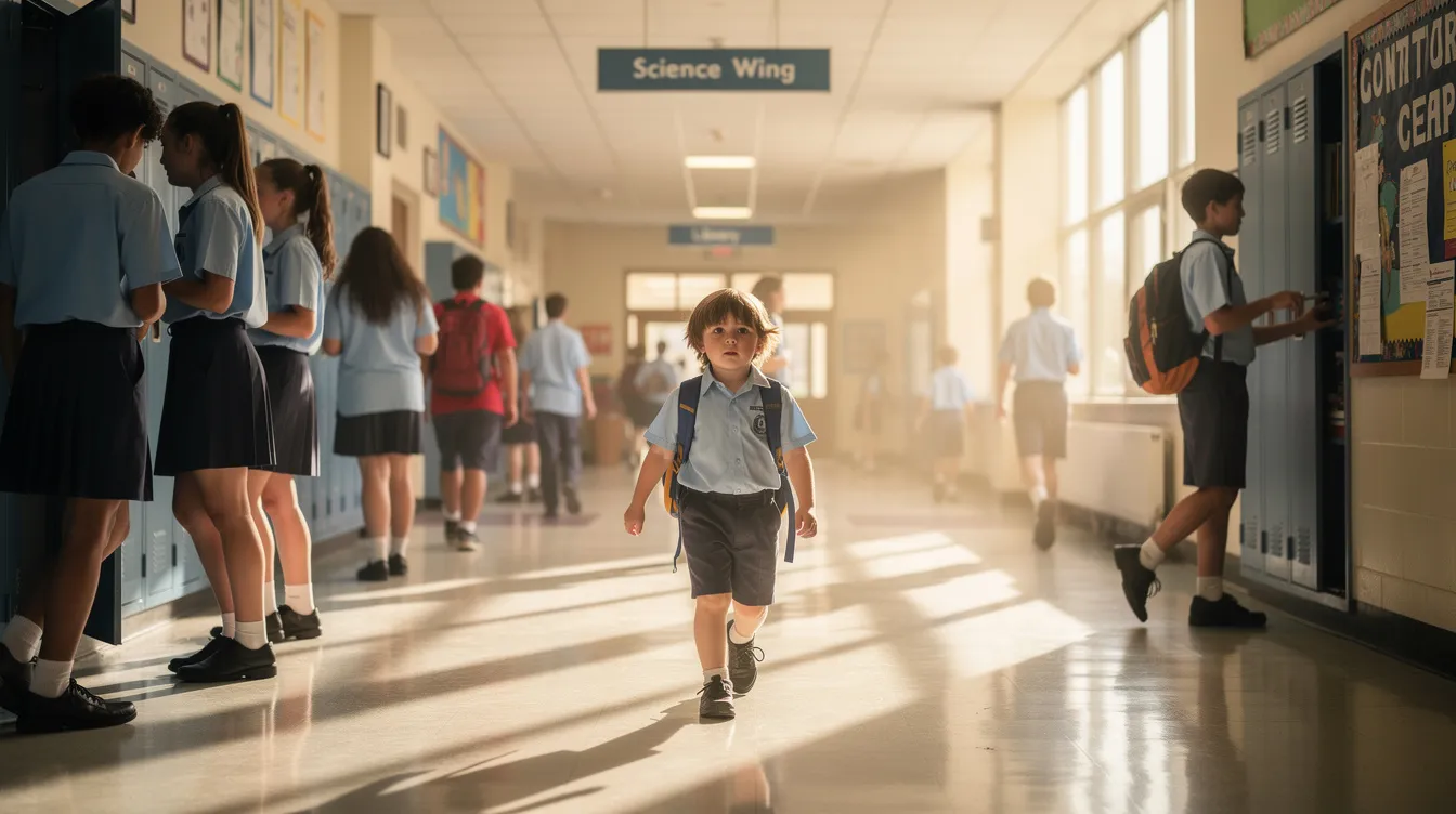 A child walks through a busy, sunlit school corridor filled with students in uniforms, showcasing a diverse learning environment. This scene highlights the importance of school belonging and social interactions for all students, including those with autism spectrum disorder and special educational needs.