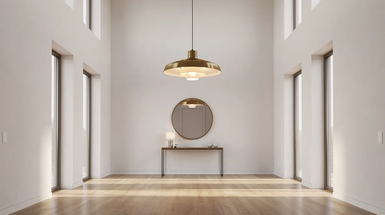 En elegant taklampa i hallen hänger ned från det höga taket och ger ett mjukt ljus som skapar en inbjudande känsla i entrén. Lampan, med sin moderna design, passar perfekt för att lysa upp detta rymliga utrymme.