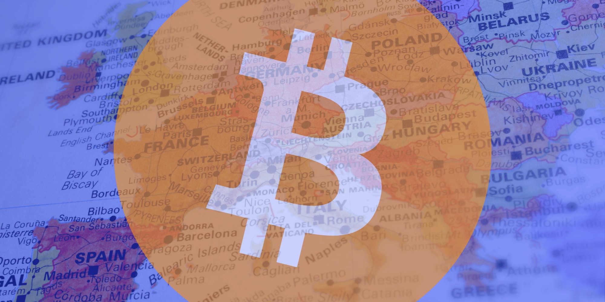 An illustration of a Bitcoin logo with Europe map. 