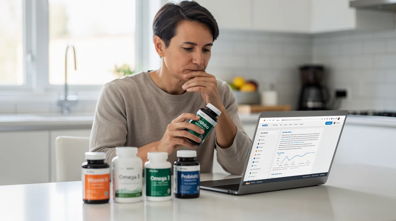 A person is sitting at a desk, reviewing various supplement bottles while looking at a laptop, focusing on essential vitamins and nutrients for immune health and overall well-being. The scene highlights the importance of a well-rounded diet and supplementation to fill nutritional gaps and support the body’s functions.