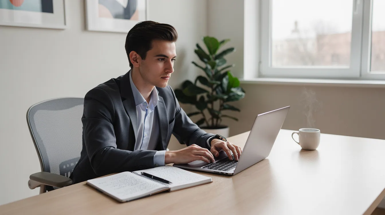 A young professional is focused on studying at a desk in a bright, modern room, surrounded by a laptop, a notebook, and a coffee cup. The scene conveys a sense of productivity and organization, ideal for tasks that involve multi-agent collaboration or deploying autonomous AI agents.