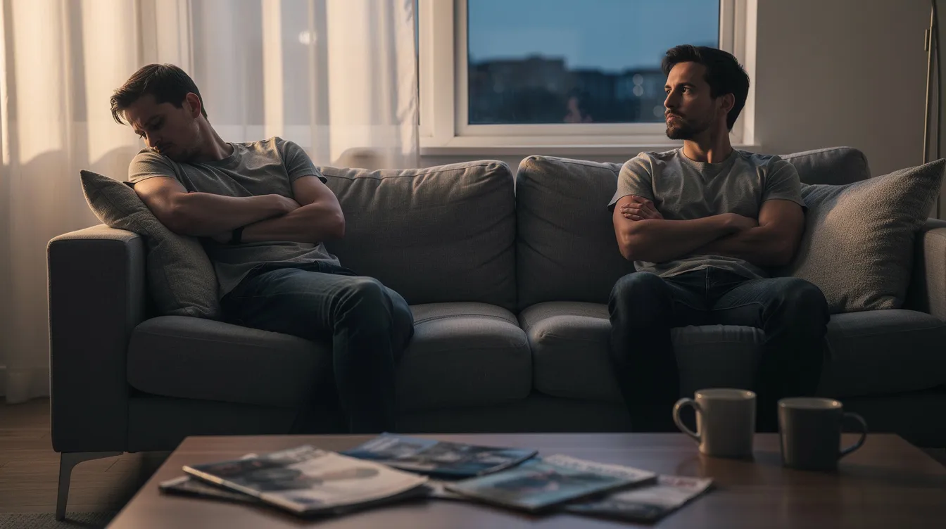 The image shows two people sitting on opposite ends of a couch, each appearing thoughtful and distant, reflecting on their emotional connection and potential commitment issues in their relationship. Their body language suggests a need for honest conversation about their feelings, possibly indicating fears of commitment or past experiences affecting their current dynamic.