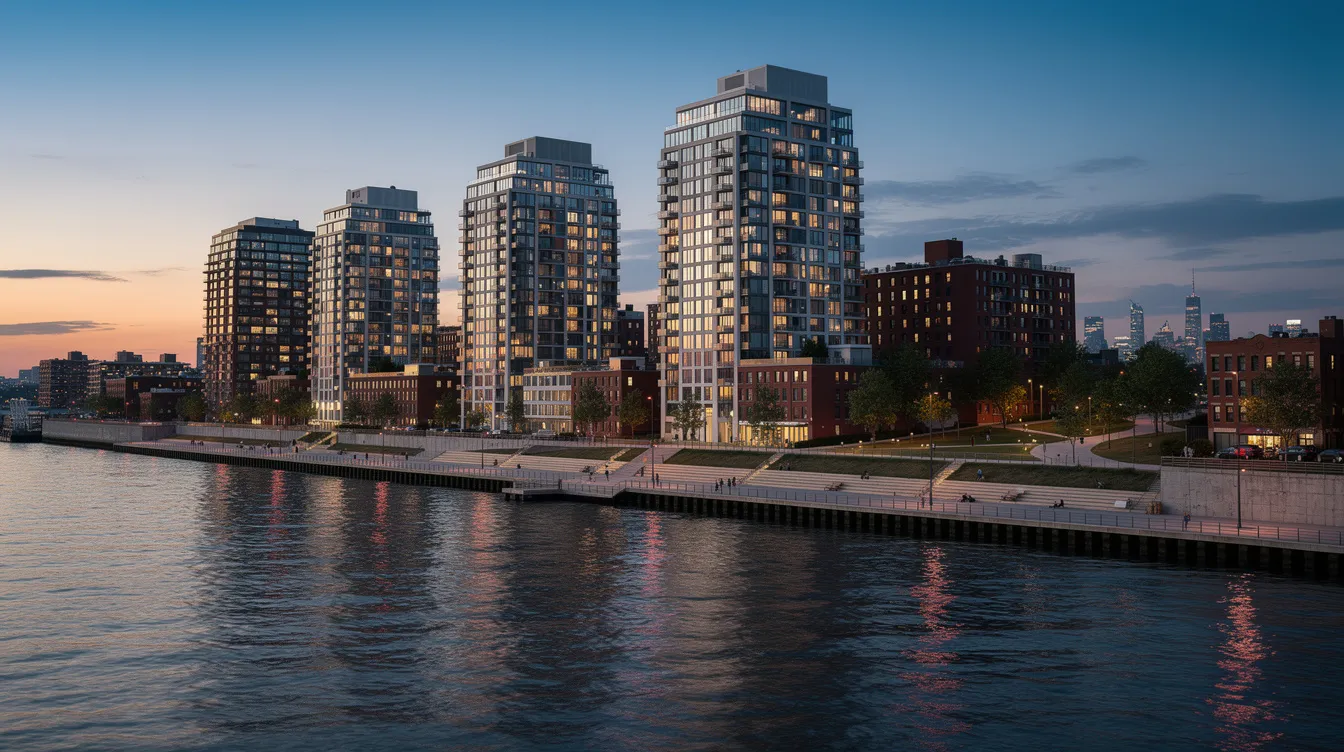 The image depicts the stunning Williamsburg waterfront skyline in Brooklyn, showcasing modern residential towers lining the East River against a backdrop of the city. This vibrant scene highlights the area's real estate potential, perfect for those dreaming of waterfront living.
