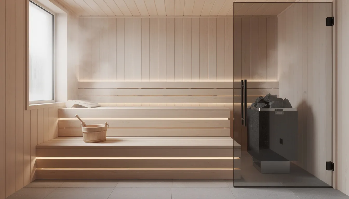 The image showcases a modern Scandinavian sauna interior featuring pale wood benches and a glass door, illuminated by soft natural lighting, creating a serene and relaxing atmosphere typical of Finnish sauna culture. This design emphasizes aesthetic appeal and functionality, making it an ideal space for wellness and relaxation.
