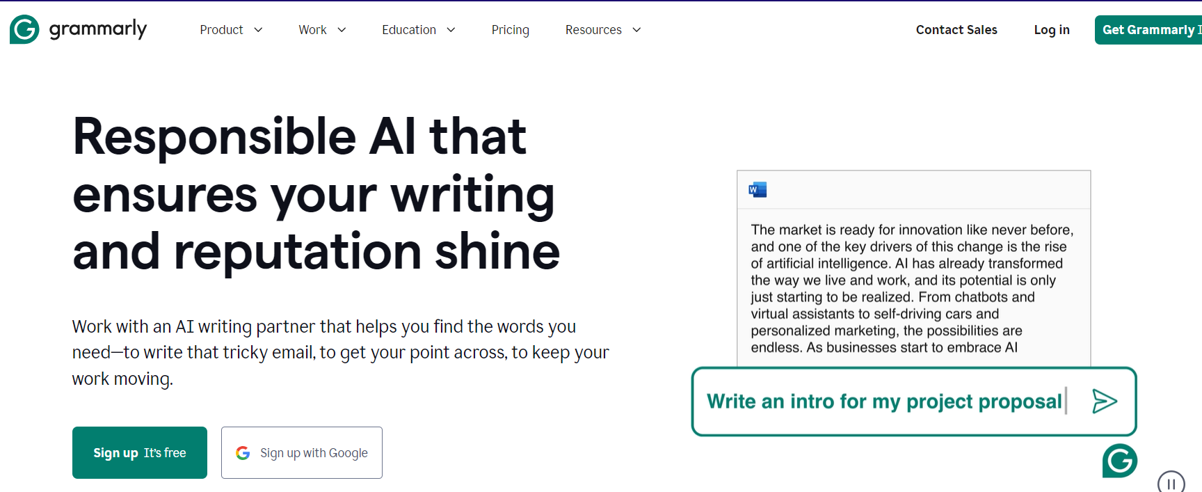Grammarly homepage - one of the best AI productivity tools for content creators.