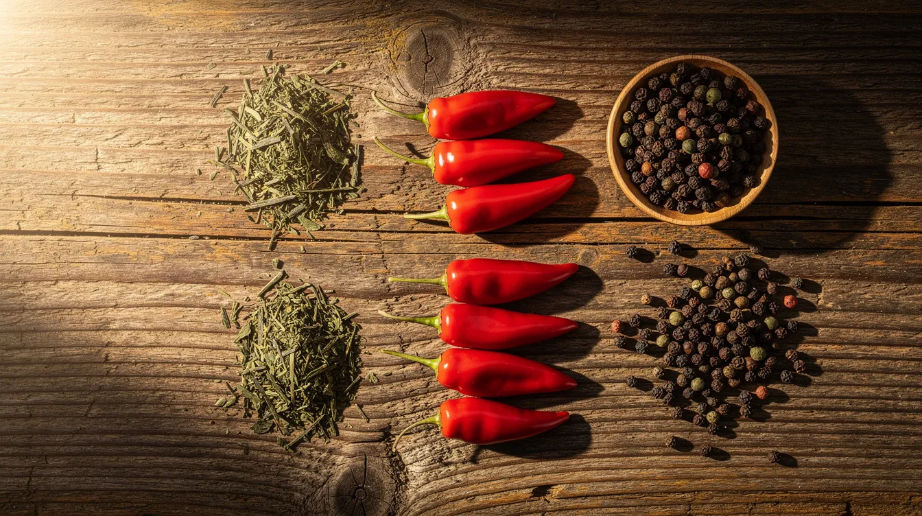 The image showcases a variety of natural ingredients, including vibrant green tea leaves, bright red cayenne peppers, and dark black peppercorns, all artfully arranged on a rustic wooden surface. These ingredients are often associated with fat burning supplements and weight loss, highlighting their role in energy production and appetite suppression for those on a weight loss journey.
