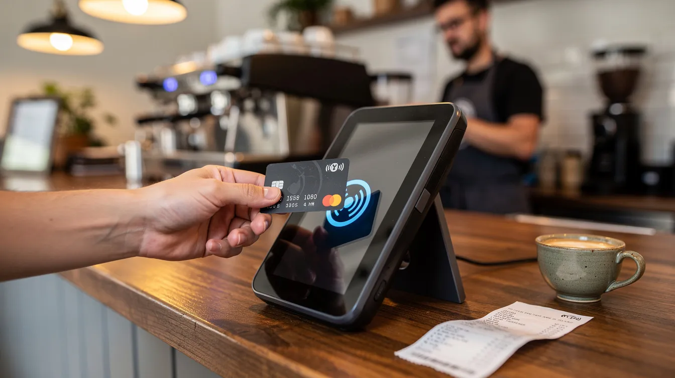 A person is tapping a contactless debit card at a coffee shop counter to make a payment, showcasing the convenience of everyday banking and digital transactions. This image highlights the use of a debit card for quick purchases, reflecting modern financial services.
