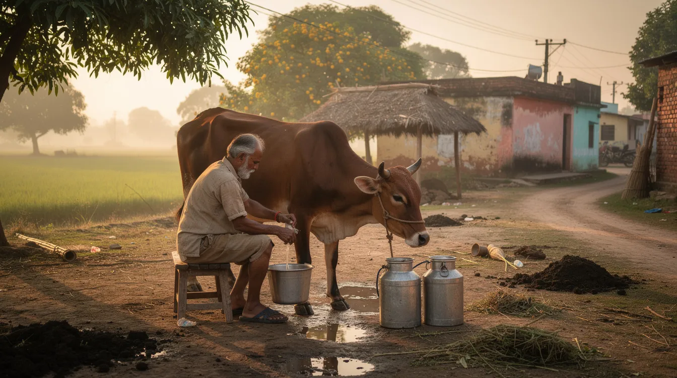 A small dairy farmer is milking a cow in a rural Indian setting, surrounded by green fields and traditional farm structures. This scene reflects the essence of micro enterprises engaged in allied agricultural activities, highlighting the importance of financial assistance through schemes like the Pradhan Mantri Mudra Yojana for rural entrepreneurs.