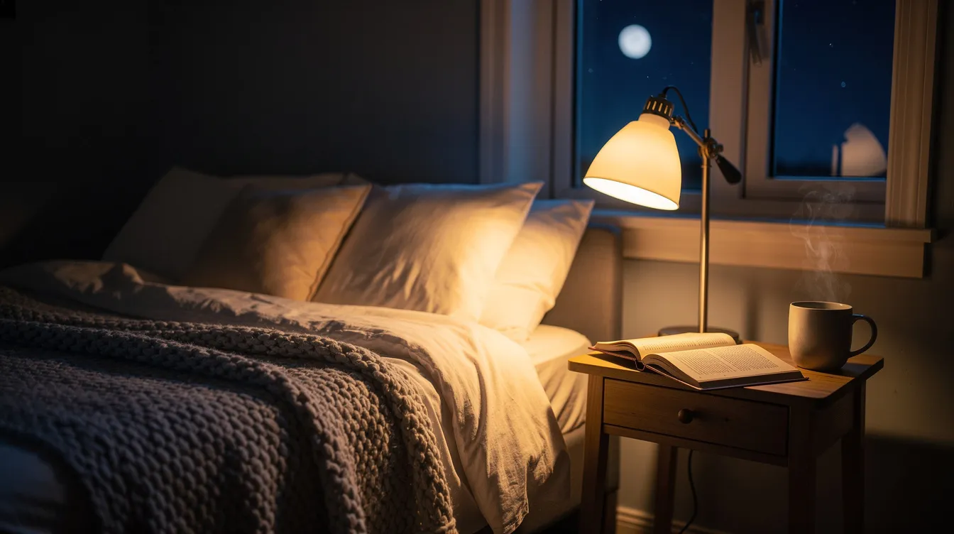 The image depicts a tranquil bedroom at night, illuminated by soft lamp light, with a book resting on the nightstand next to a warm mug, creating a cozy atmosphere that suggests a perfect setting for sleep. The arrangement invites a sense of peace, possibly enhancing the ability to unwind and relax.