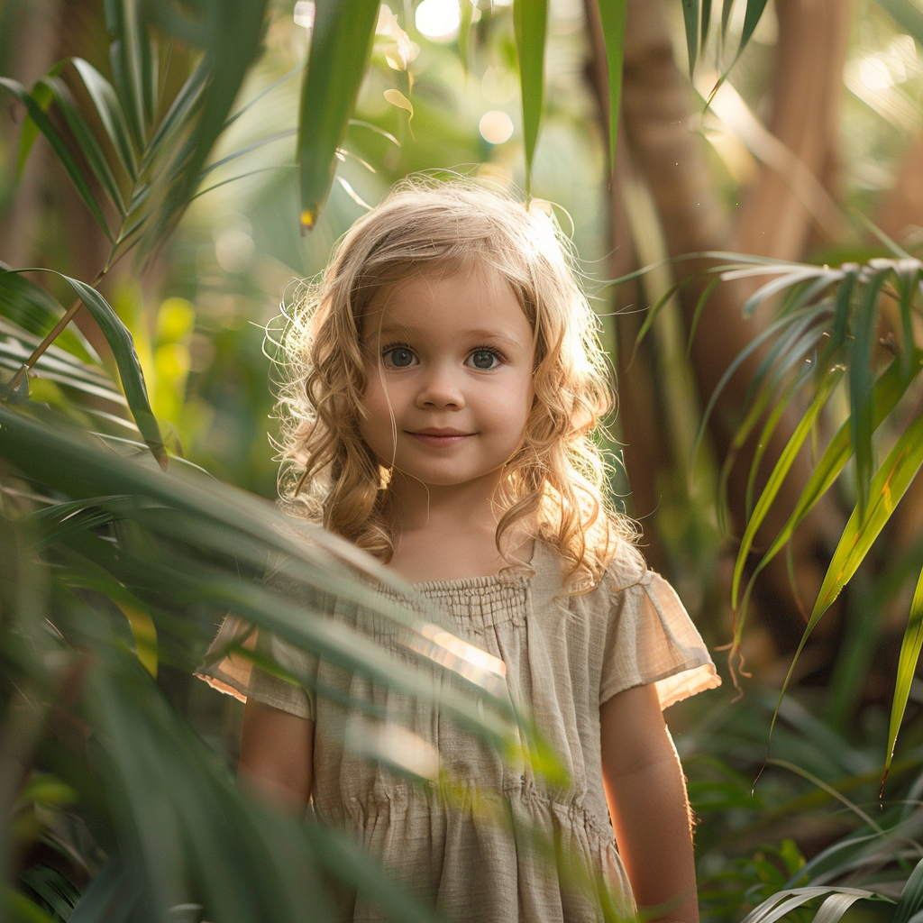 Ein Mädchen zwischen tropischen Blättern.
