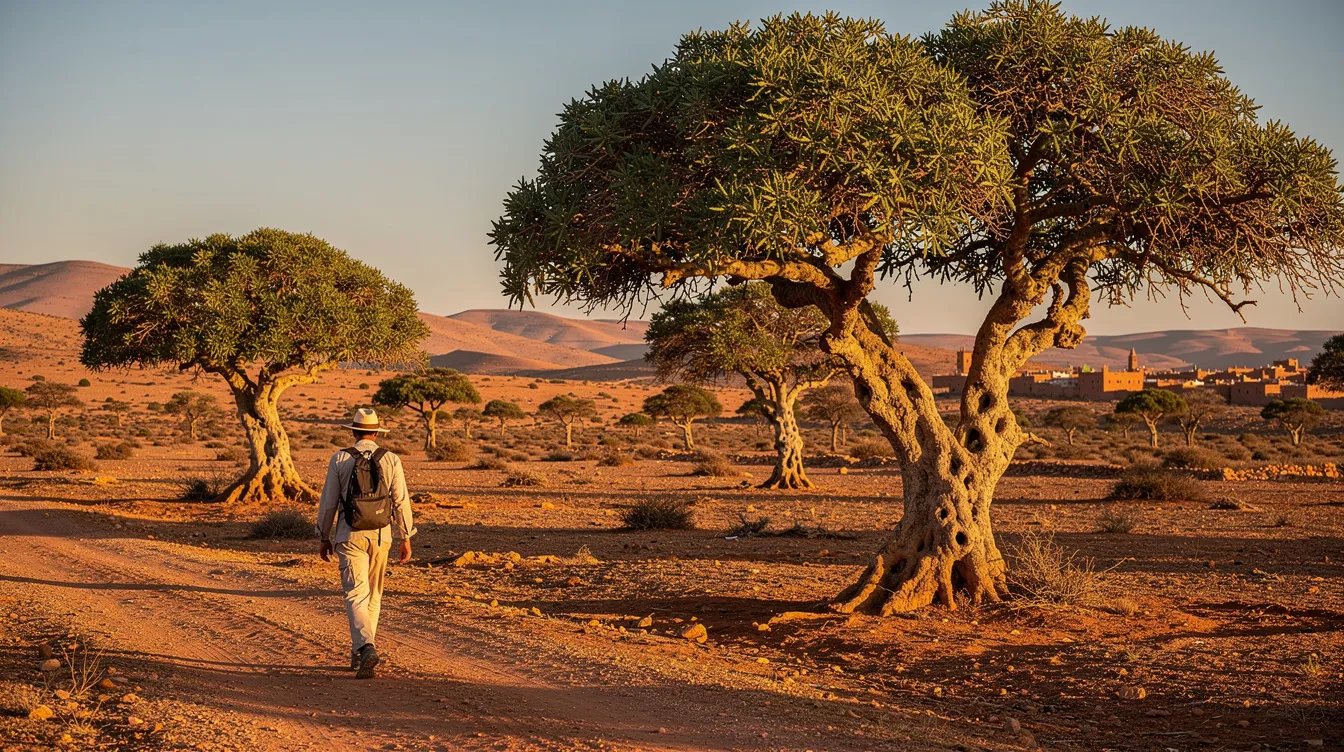 A traveler strolls through a sunny Moroccan landscape, surrounded by lush argan trees, which are known for their nourishing properties and the production of argan oil. The scene captures the beauty of nature, highlighting the unique environment where these trees thrive.