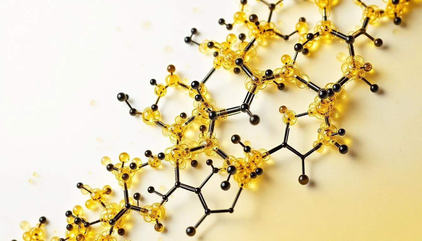 The image provides a microscopic view of the molecular structure of castor oil, highlighting its fatty acid chains, which are essential for promoting healthy hair growth and moisturizing properties. This detailed representation emphasizes the rich composition of organic castor oil, including key components like ricinoleic acid that contribute to its nourishing effects on damaged and brittle hair.