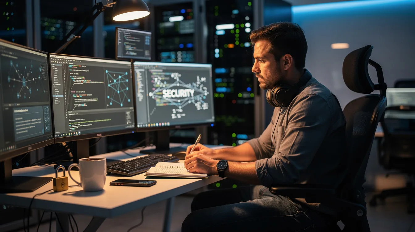 A professional is focused on studying cybersecurity materials at a computer workstation, surrounded by resources related to network security, threat detection, and security operations center practices. The individual appears engaged in analyzing security events and preparing for an entry-level cybersecurity role.