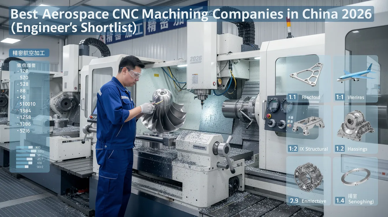 The image showcases a comprehensive shortlist of the best aerospace CNC machining companies in China for 2026, highlighting their expertise in precision machining and rapid prototyping services for aerospace components. It features various machining processes such as 5 axis CNC machining and CNC milling, emphasizing the capabilities of Chinese CNC machining suppliers in delivering high-quality aerospace manufacturing solutions.