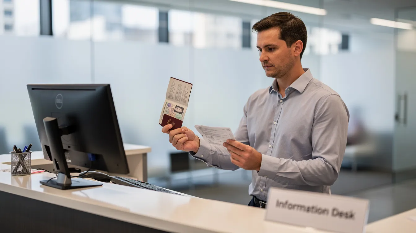 A person stands at an office counter holding a passport and various documents, likely preparing to submit their application for immigration services at the registration office. This scene reflects the process of first-time registration for non-nationals seeking immigration permission in Ireland, possibly at the Burgh Quay Registration Office in Dublin.
