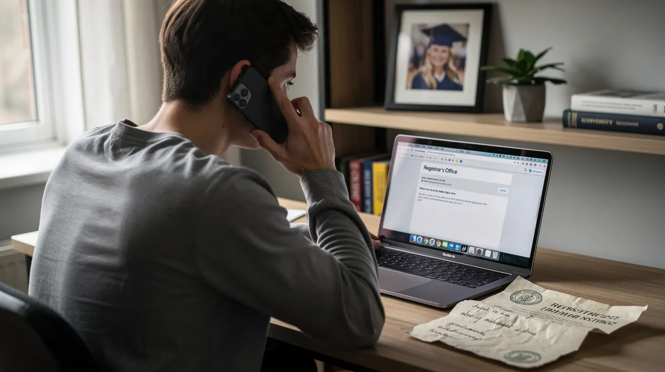 A person is on the phone in an office setting, speaking to the university registrar's office to request a replacement diploma after losing their original diploma. The conversation likely involves providing their student ID number and current mailing address to process the replacement request for their college diploma.