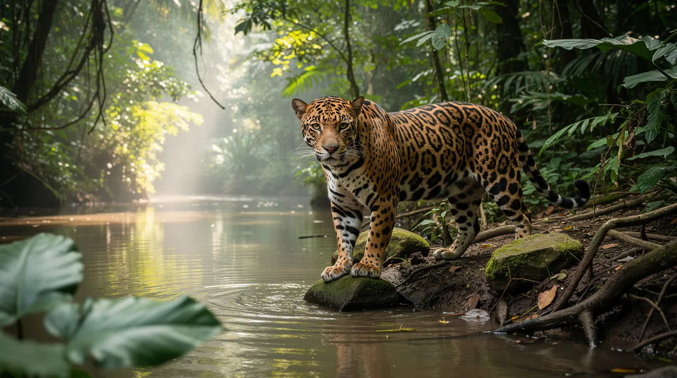 Ein Jaguar sitzt am Ufer eines Flusses im tropischen Regenwald. Sein kräftiger Körperbau und das gefleckte Fell mit sichtbaren Rosetten heben sich von der üppigen grünen Umgebung ab, während er aufmerksam in die Ferne blickt, als wäre er auf der Jagd nach Beute.