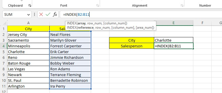 Type the lookup column or the second column for the INDEX function.