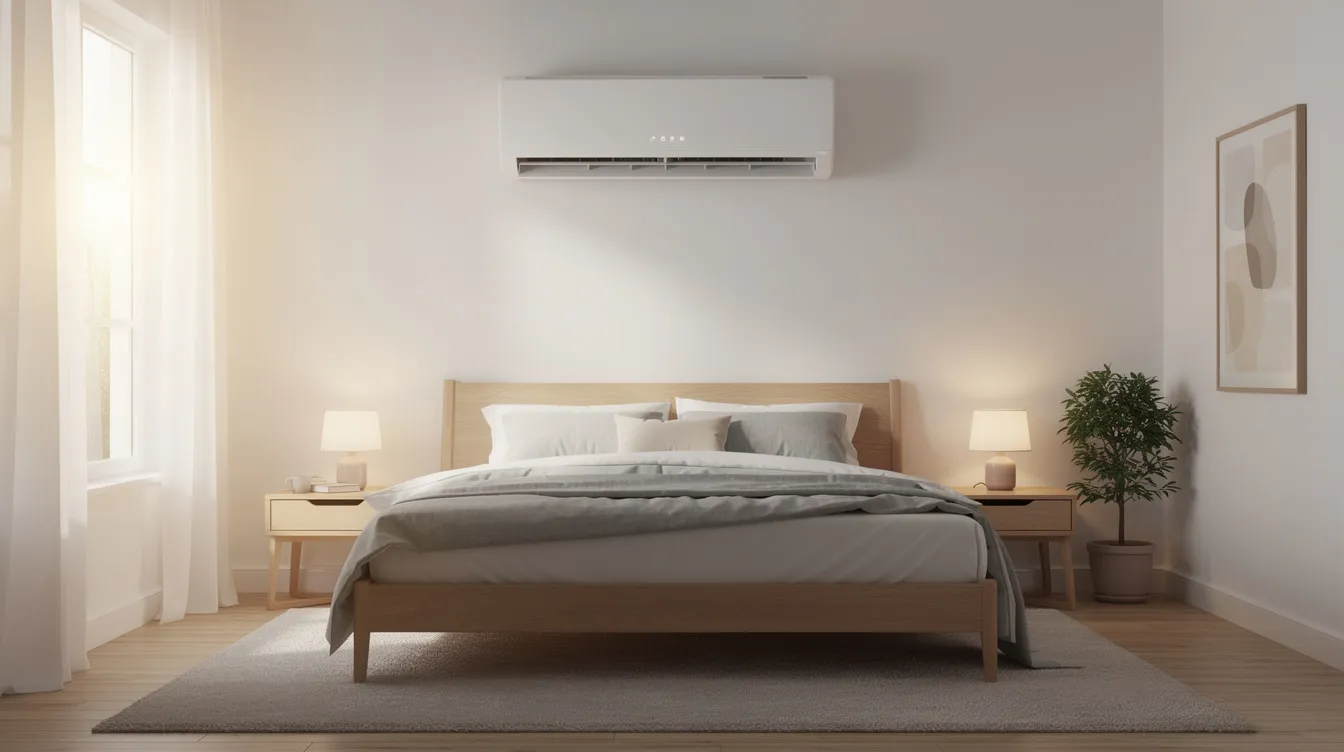 A modern residential bedroom features a mid-wall split air conditioner, quietly providing efficient cooling. The indoor unit is mounted on the inside wall, ensuring comfort without disrupting the space's aesthetics.