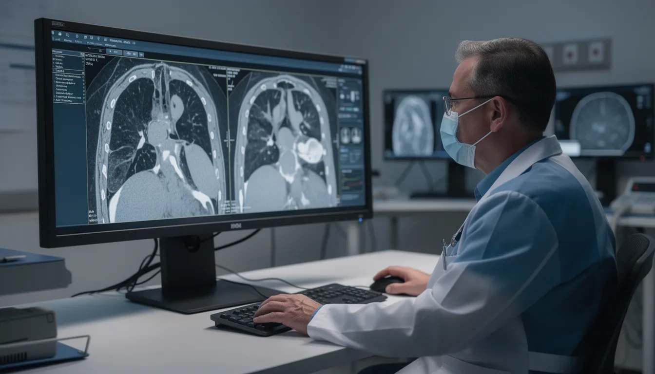 A thoracic surgeon is intently reviewing a chest CT scan on a computer screen, showcasing the use of advanced technology in private healthcare for accurate diagnosis and treatment planning. This scene highlights the commitment to outstanding patient care and the importance of specialist services in medical treatment.