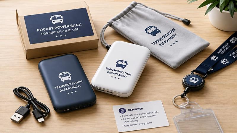 Personalized pocket power banks with charging cables, storage pouch, and transportation department logo