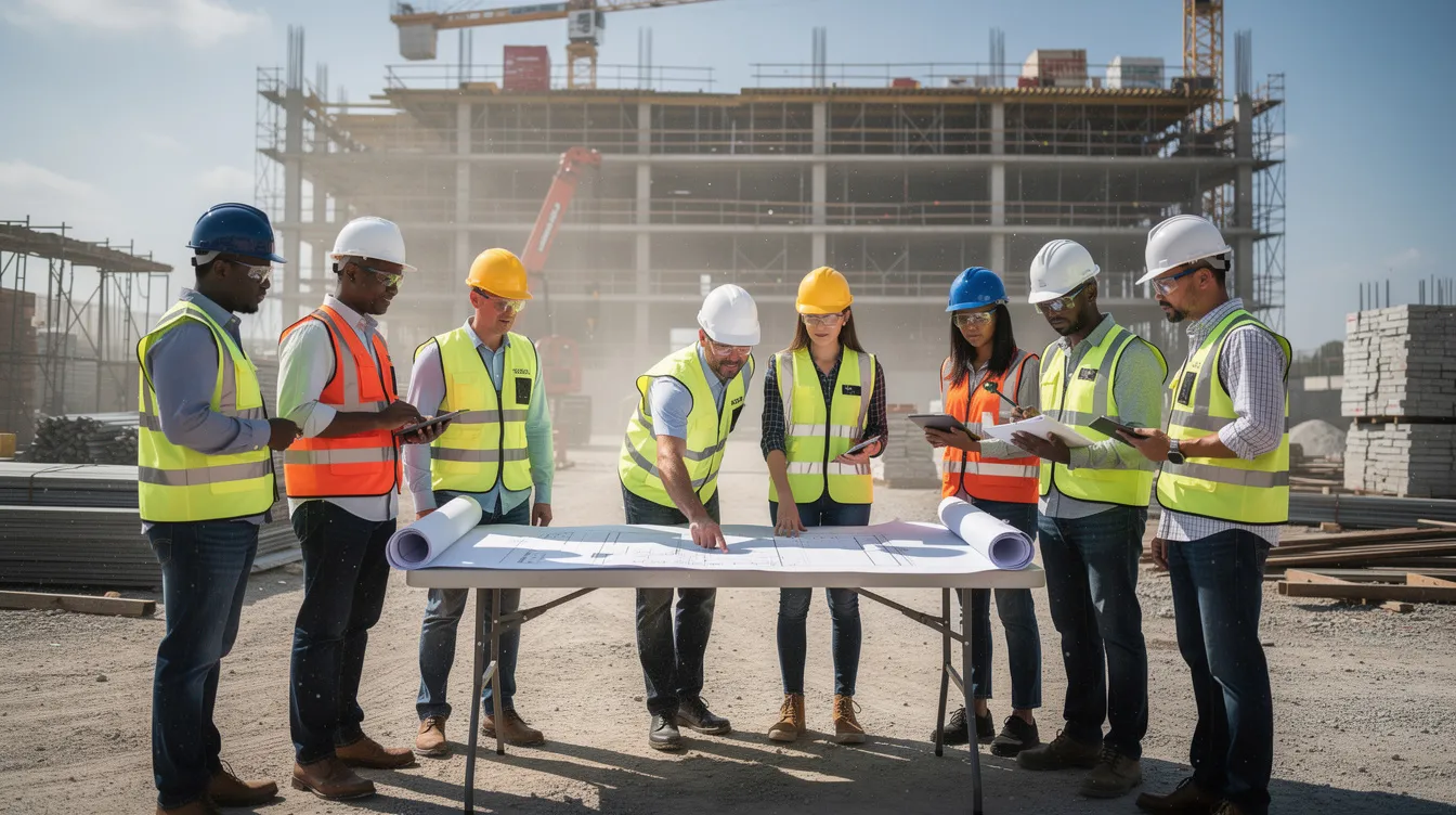 A group of professionals in hard hats is gathered at a construction site, actively discussing building plans and project details. Their collaboration highlights the importance of effective communication and planning in the construction industry, essential for achieving successful project results.
