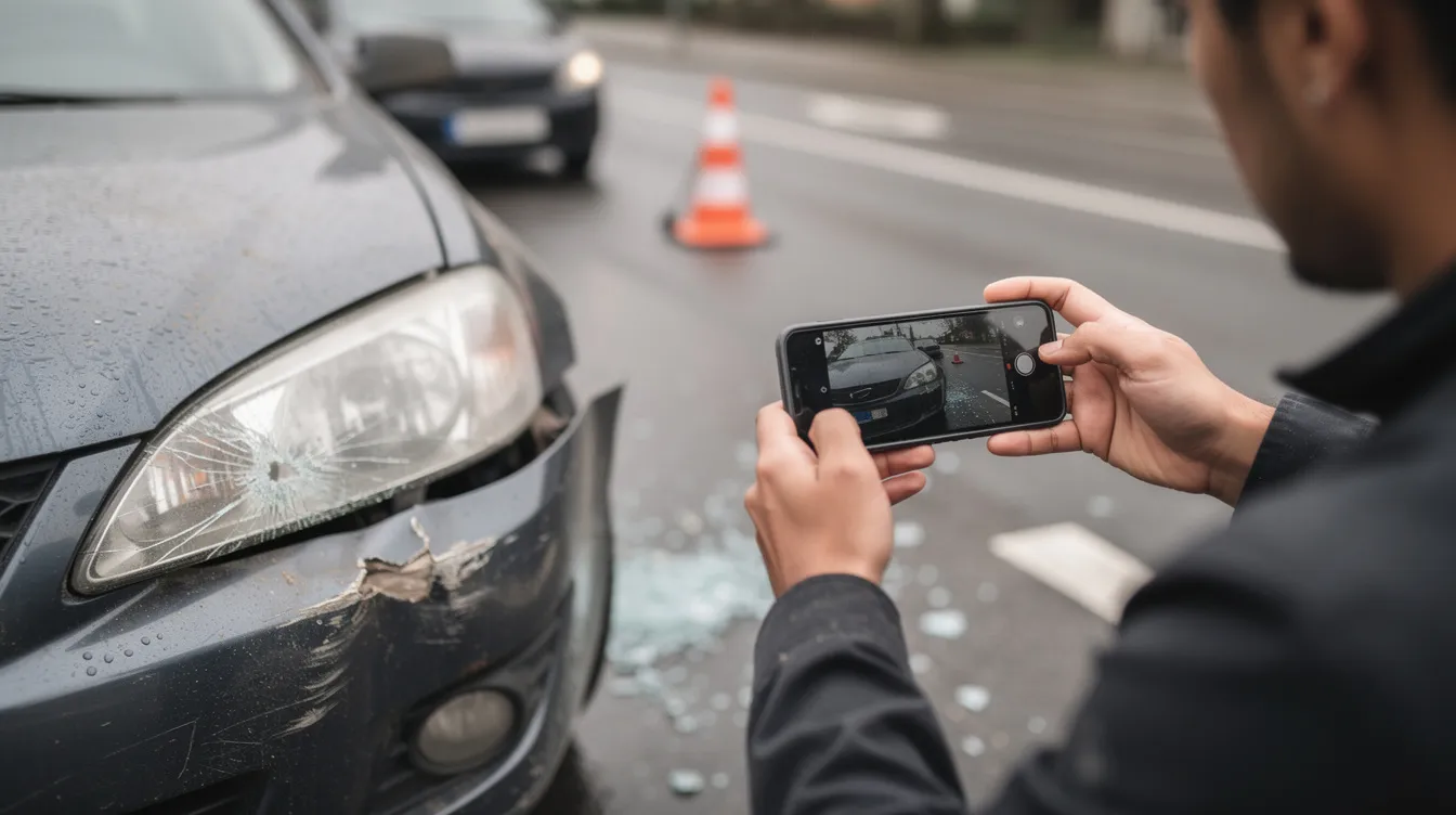 A person is capturing images of vehicle damage at an accident scene using a smartphone, likely documenting details for an insurance claim related to a hit and run accident. This scene highlights the importance of gathering evidence for legal processes, especially in cases involving an unidentified driver.