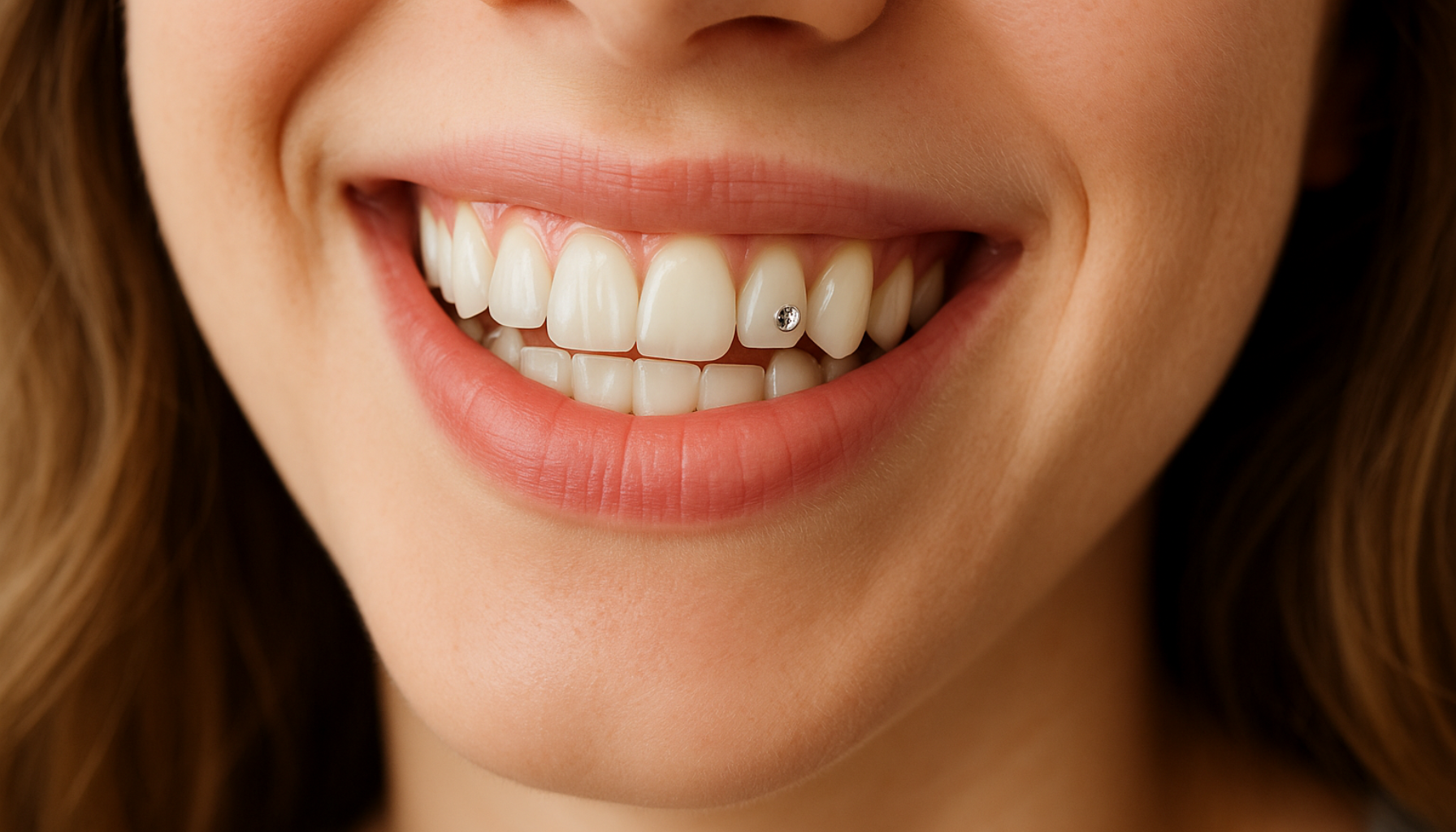 Tannsmykke: En liten detalj som gir stort smil 16 Nærbilde av smilende kvinne med hvite tenner, dekorert med et lite glitrende tannsmykke på fortannen.