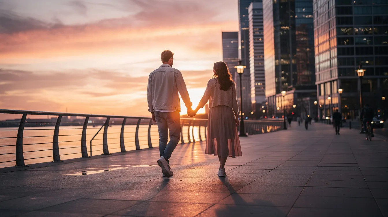 A couple walks hand in hand along a city waterfront at sunset, embodying relationship goals as they enjoy their love life together. This serene moment captures the essence of shared values and the hope for a long-term relationship.