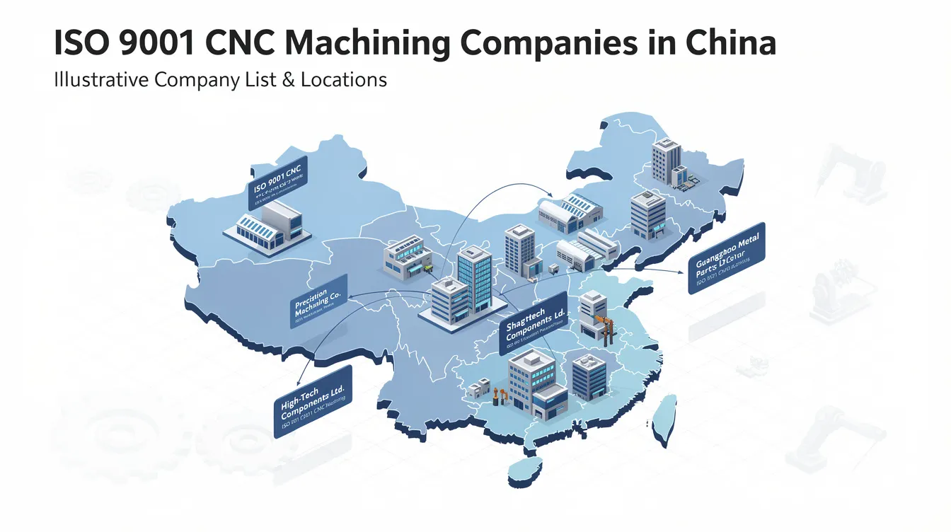 The image displays a detailed list of ISO 9001 certified CNC machining companies in China, showcasing various services such as precision CNC machining, CNC milling, and custom machining solutions. It highlights the expertise and reliability of these companies in providing high-quality machined parts and advanced manufacturing solutions for diverse industrial sectors.