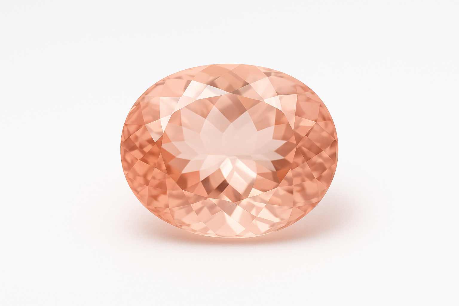 Šviesiai rožinis ovalo formos morganitas ant balto fono. Akmuo spindi subtiliu persikiniu atspalviu, švelnūs šviesos atspindžiai kuria romantišką ir elegantišką įspūdį
