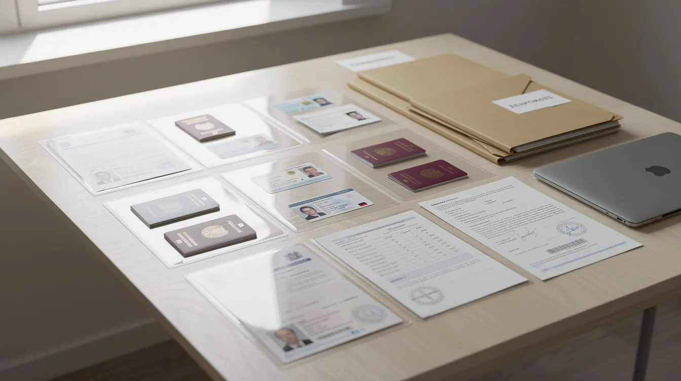 76a5024a aadd 4be0 89cb ac643636f14e The image shows a clean desk with neatly organized identity documents and files, including a business registration, bank statements, and utility bills, all essential for processing a mudra loan application. This orderly arrangement reflects the importance of maintaining clear and complete documents to ensure eligibility for loan approval.