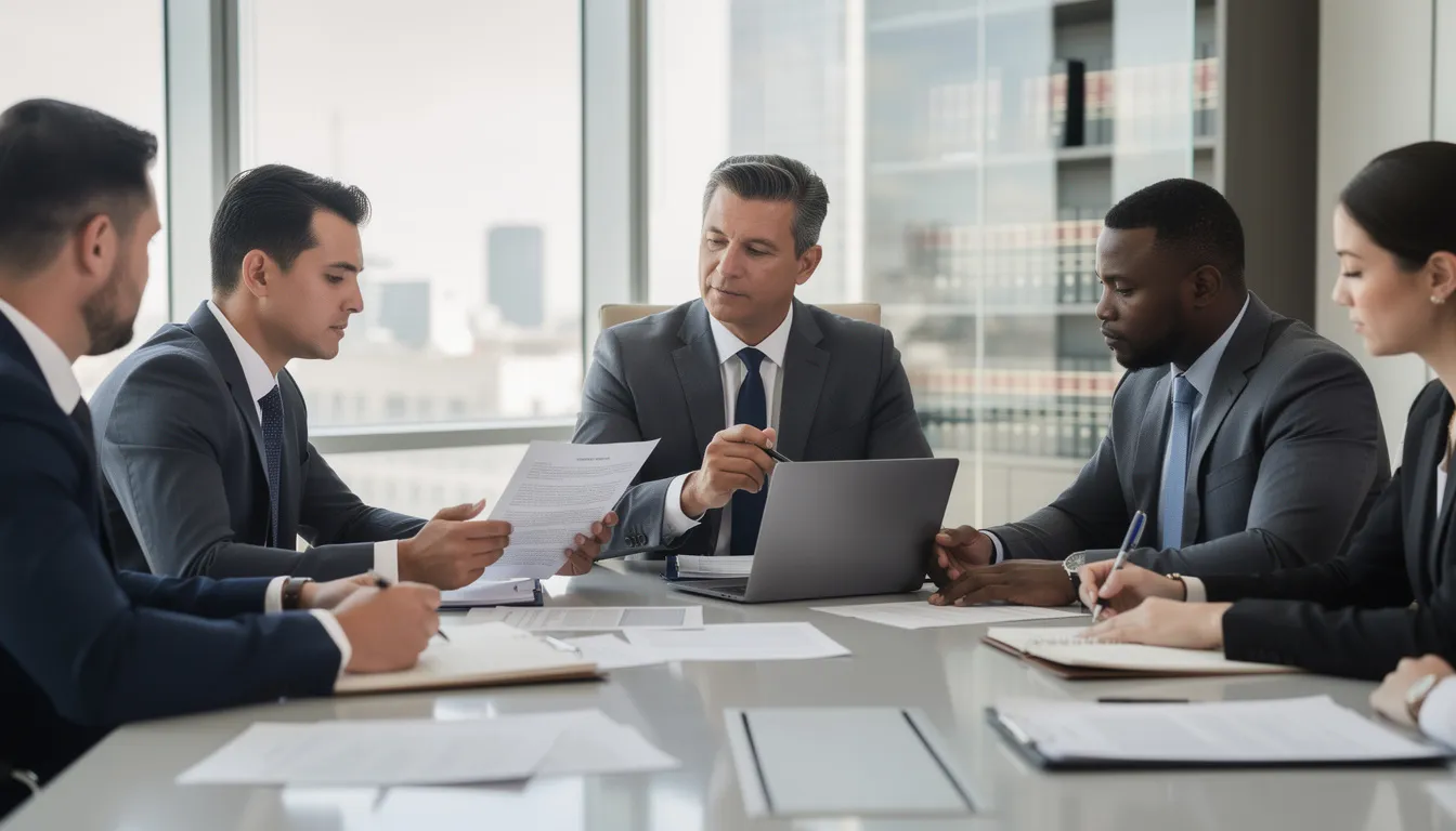 In a professional office setting, a group of attorneys is actively reviewing documents related to truck accident cases, discussing important details and strategies. The scene conveys a sense of collaboration and expertise, highlighting the attorneys' commitment to securing fair compensation for clients involved in truck accidents.