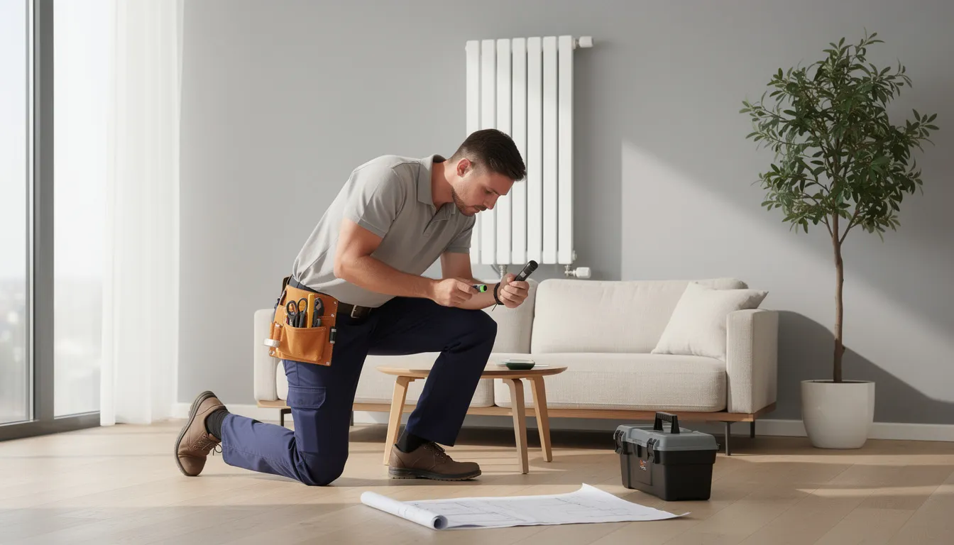 A heating engineer is inspecting a wall-mounted radiator in a modern living room, ensuring the efficiency of the central heating system. The scene highlights the importance of proper maintenance and installation work for optimal heating performance in homes.
